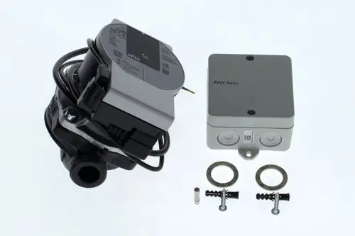 Bosch Pumpe mit einem kompakten Motor und einem Steuergerät, samt Zubehörteilen wie Dichtungen und Schrauben zur Montage.